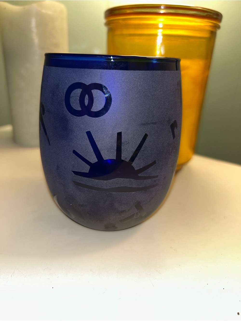 Cobalt Blue Etched Glass Tumbler with Sunrise Design